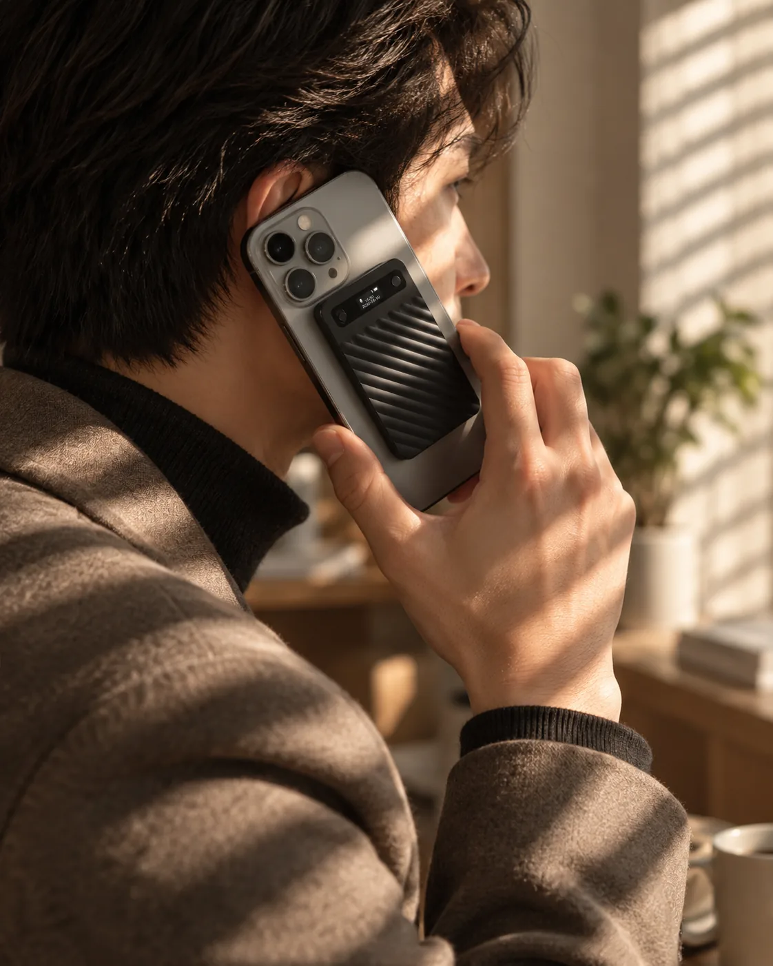A man on a phone call with the recorder attached to the back of his phone