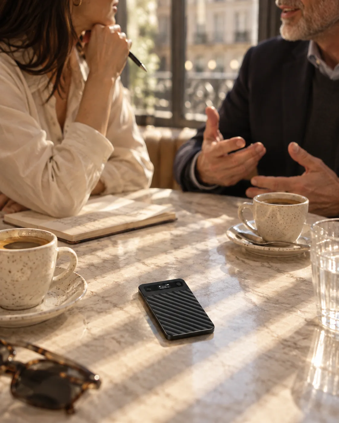 An interview at a Paris café table, the recorder lying between two cups of espresso