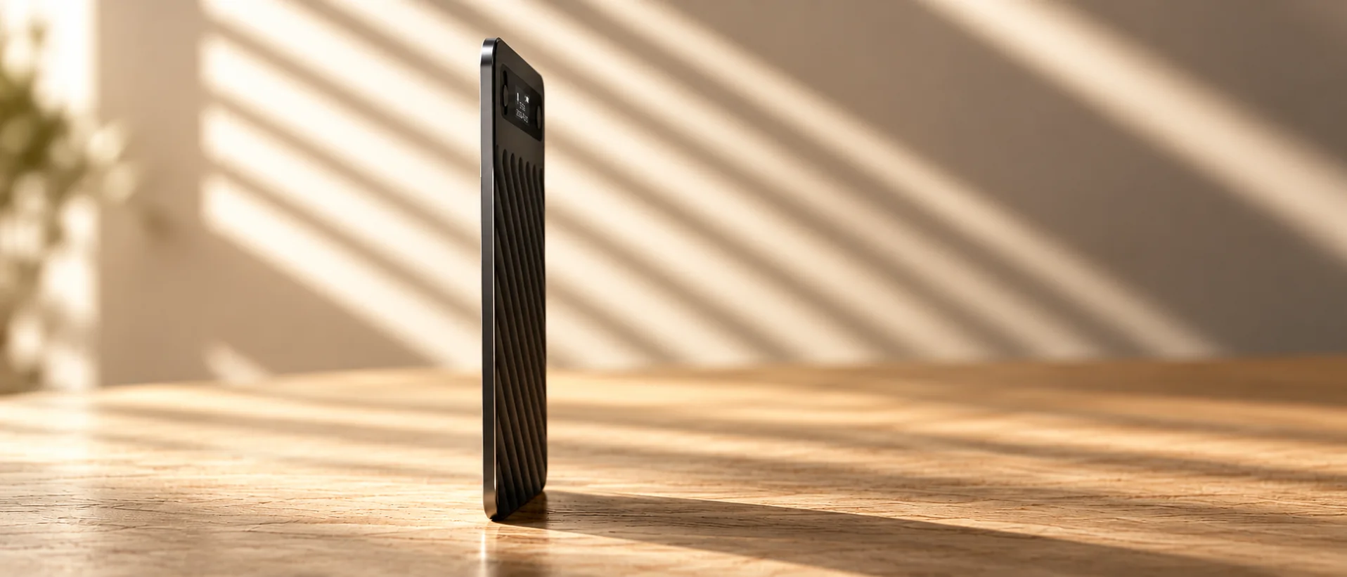 The recorder standing on its edge, showing how thin it is
