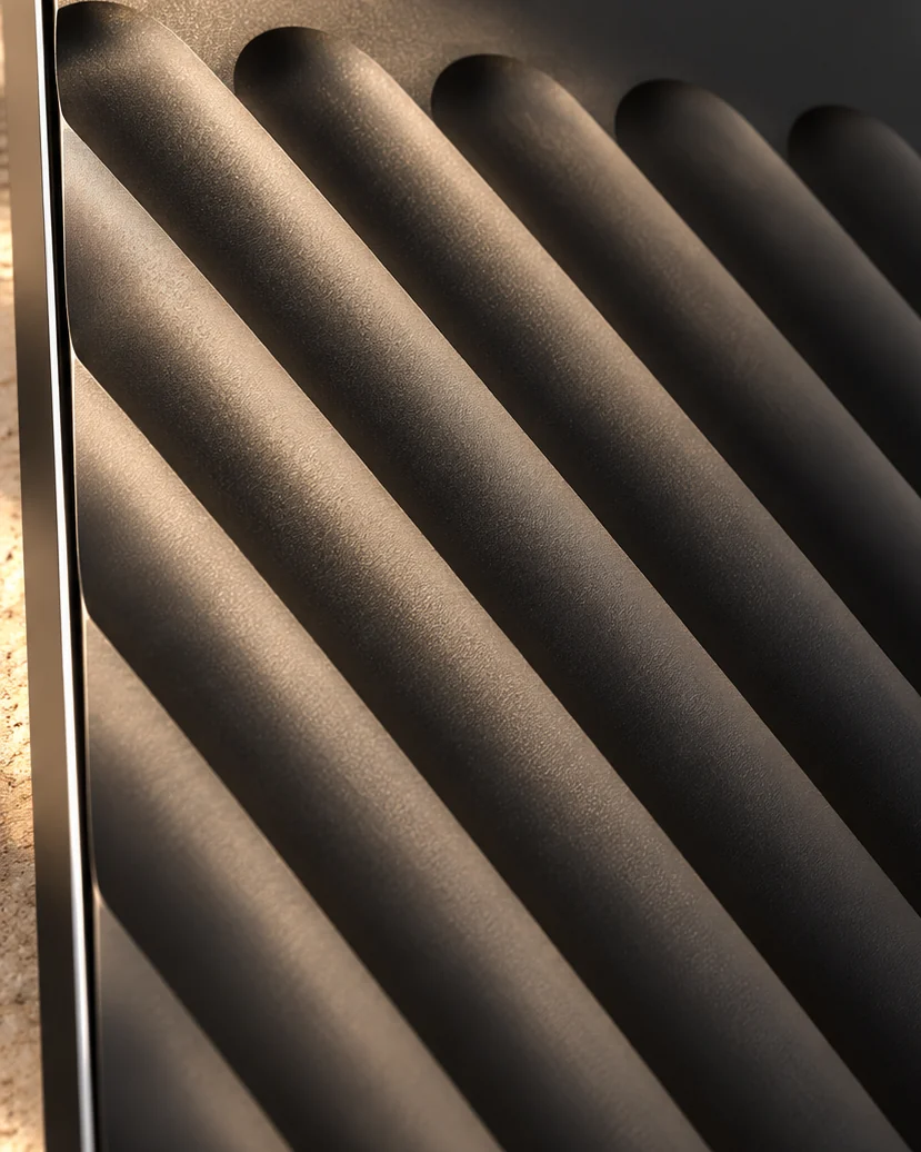 The recorder’s diagonal ribs and polished edge in raking light